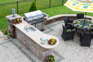 Brick patio with outdoor kitchen