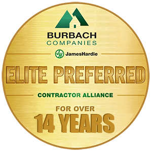 Circular gold badge with “Burbach Companies James Hardie Elite Preferred Contractor Alliance for Over 14 Years Burbach Companies Elite Preferred Contractor Alliance for Over 14 Years